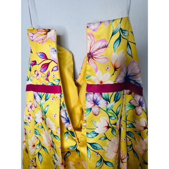 MARCHESA NOTTE Yellow Floral Printed Mikado Strapless Tea Midi Dress Size 18 - Picture 11 of 13